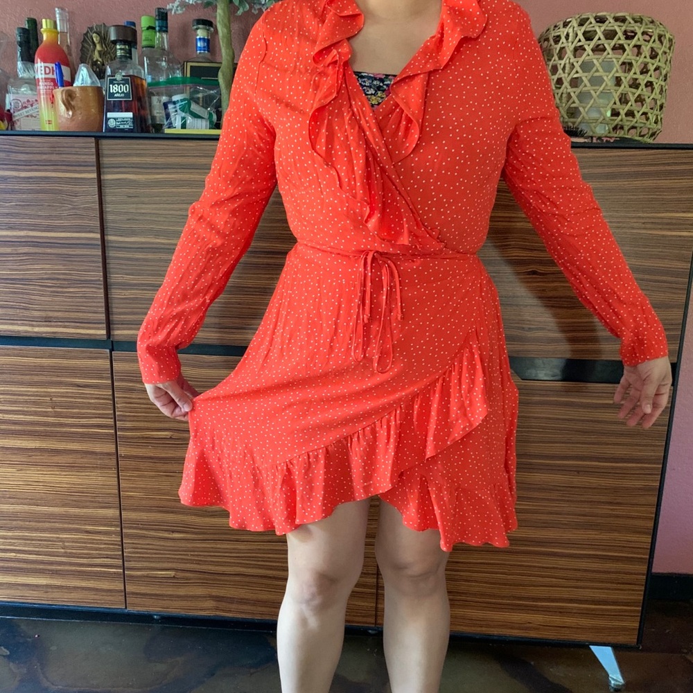 No body’s child orange poka dot wrap around dress